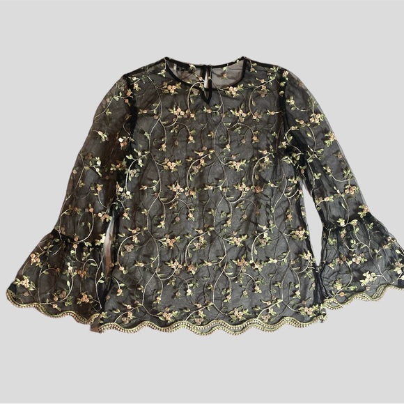Neiman Marcus Mesh Top with Embroidered Flowers - Picture 1 of 4